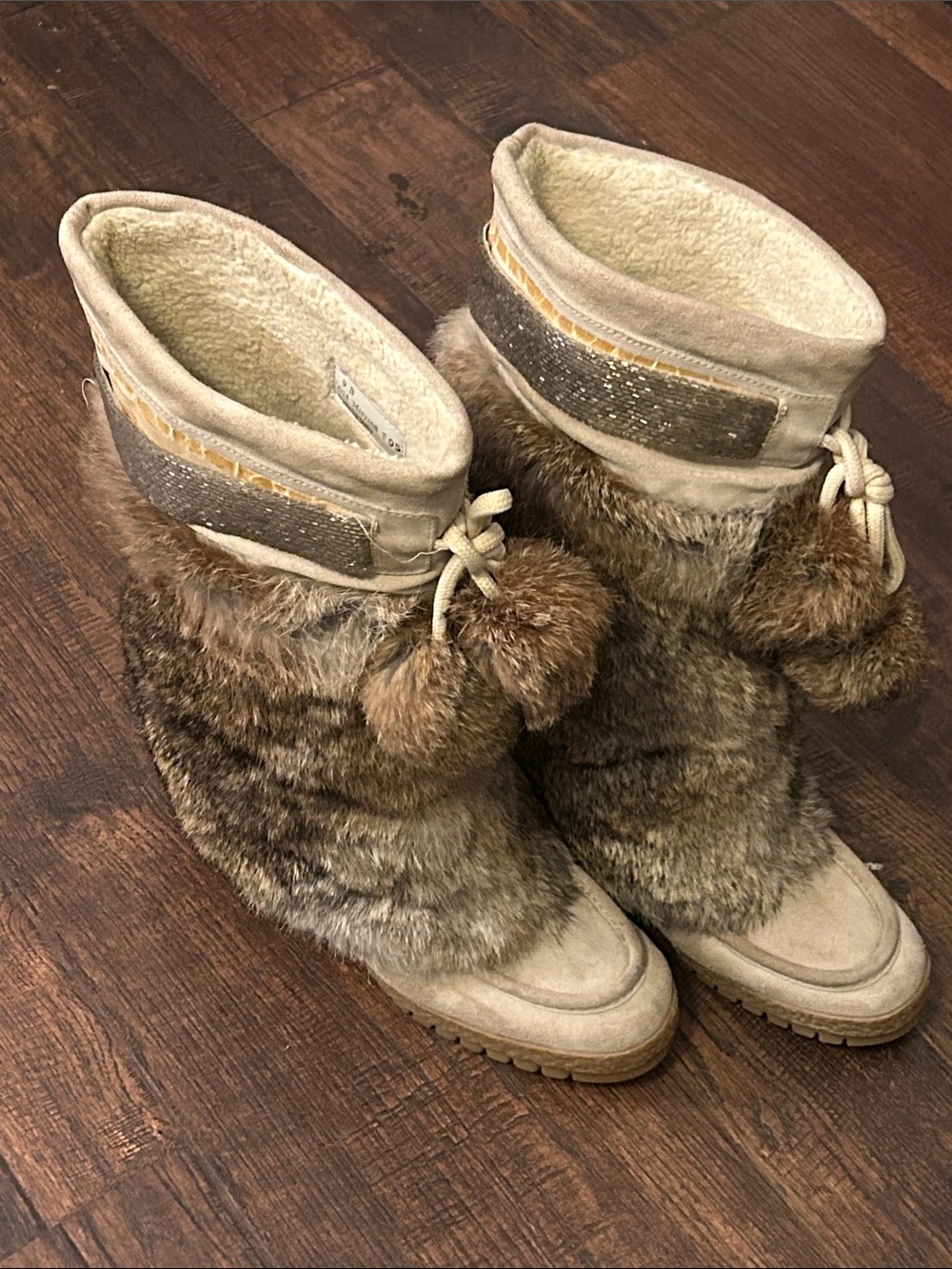 Coach Tan Faux-Fur Pom Pom Winter Boots